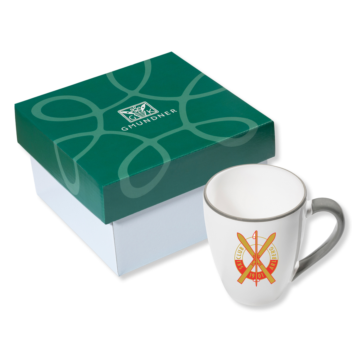 Gmundnertasse GRAU mit SCA Logo im Geschenkkarton